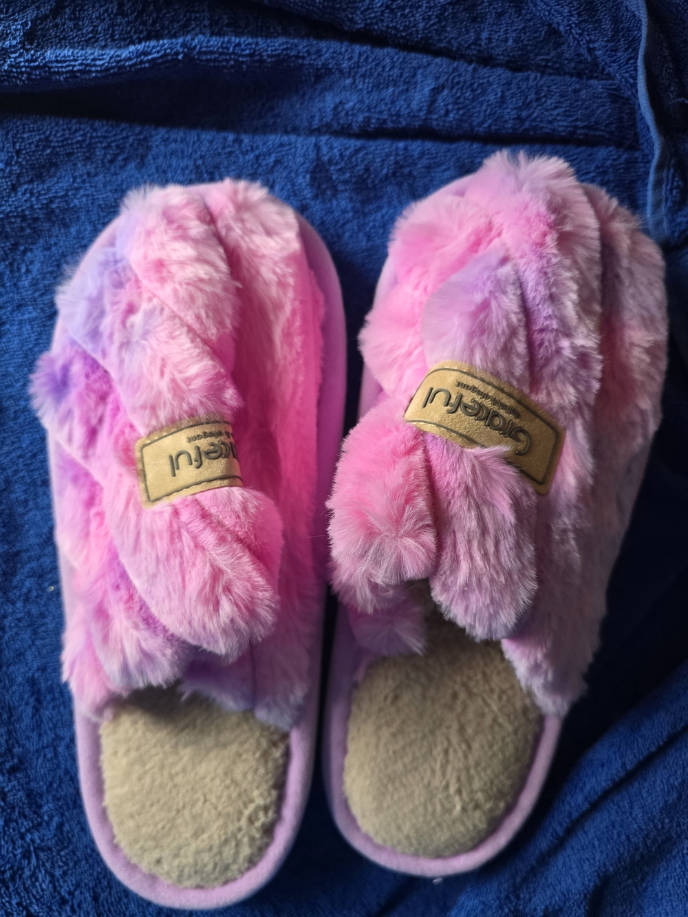 2 PairGraceful Faux Fur Crossband Slippers Pink & Tan Like New